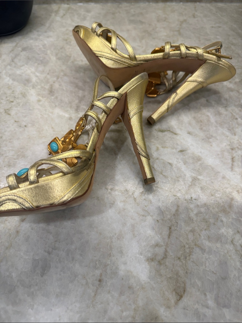 Dior Gold Strappy Heels with Turquoise Stone Accents - Picture 6 of 11
